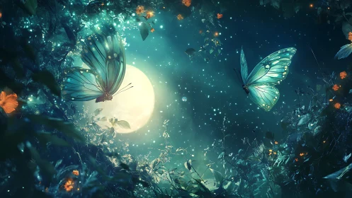 Moonlit butterflies drift gently through a glowing forest dream
