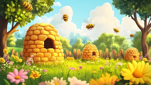 Sunny meadow beehive village with playful buzzing bees.