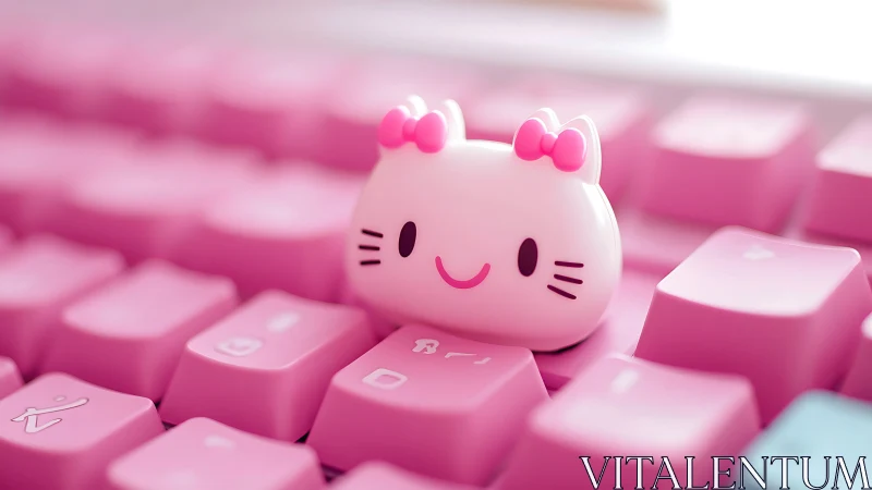 Cute pink cat keycap figurine on pastel keyboard.
