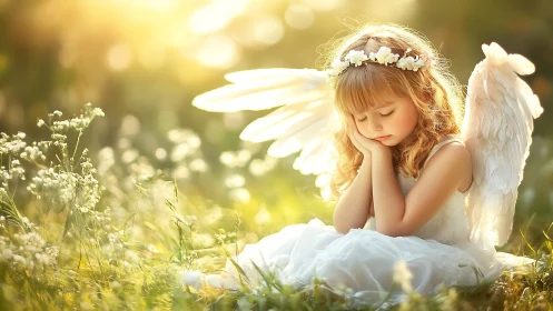 Sunlit child angel rests in floral meadow with glowing wings