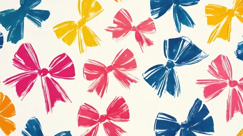 Pattern of painted bows in primary color palette on white.