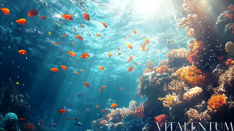 Sunlit coral reef ecosystem renders vivid pelagic fish movement