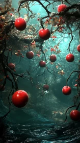 Red orbs hanging from twisted branches over dark water.