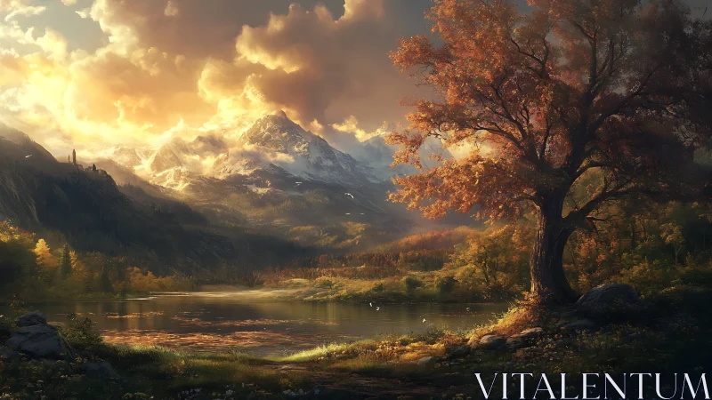 Mountain lake at sunset with autumn tree in foreground.