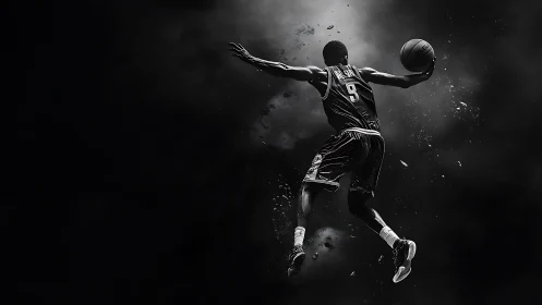 High contrast monochrome basketball dunk with dynamic particle trail.