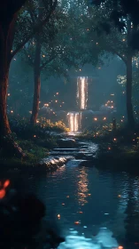Enchanted forest waterfall glows softly in misty twilight