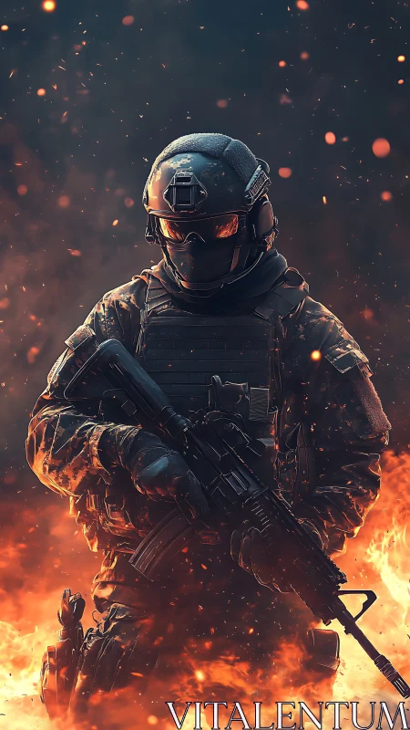 Emberline trooper strides through shrapnel-bright inferno.