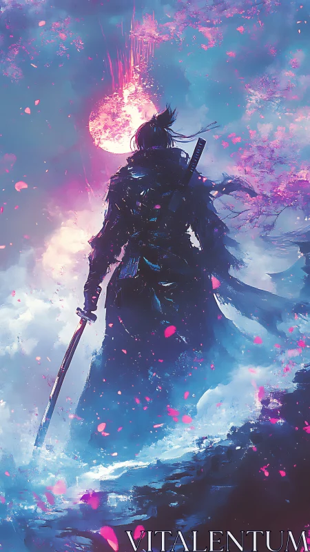Lone sword saint strides beneath a falling neon moon.