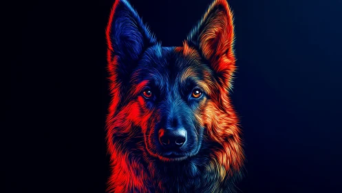 German shepherd portrait glows in neon red and blue light.