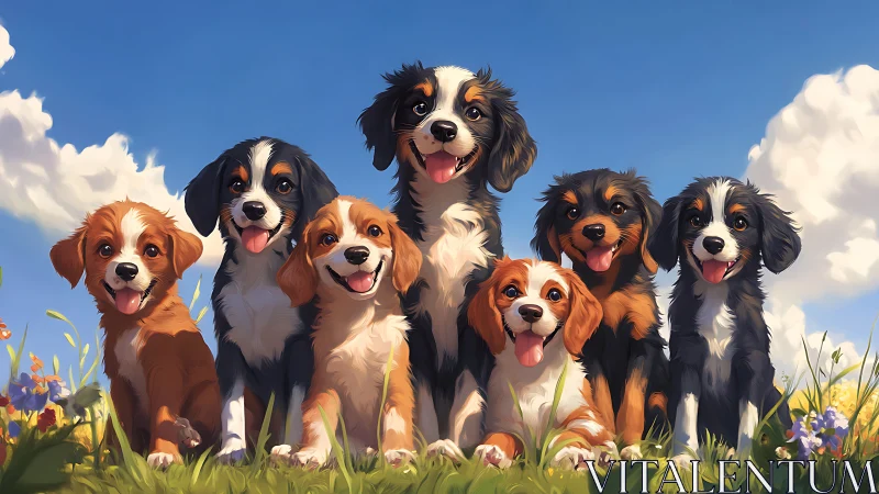 Joyful puppy friends sit together under a bright blue sky
