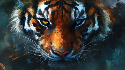 Burning gaze of the tiger amid teal stormed shadows.