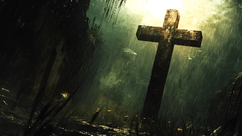 Weathered stone cross leans under storm light in graveyard