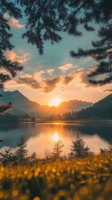 Golden hour alpine lake landscape with symmetrical sun reflection