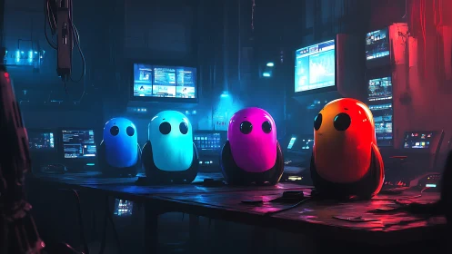 Colorful robot assistants in neon lit cyberpunk control room.