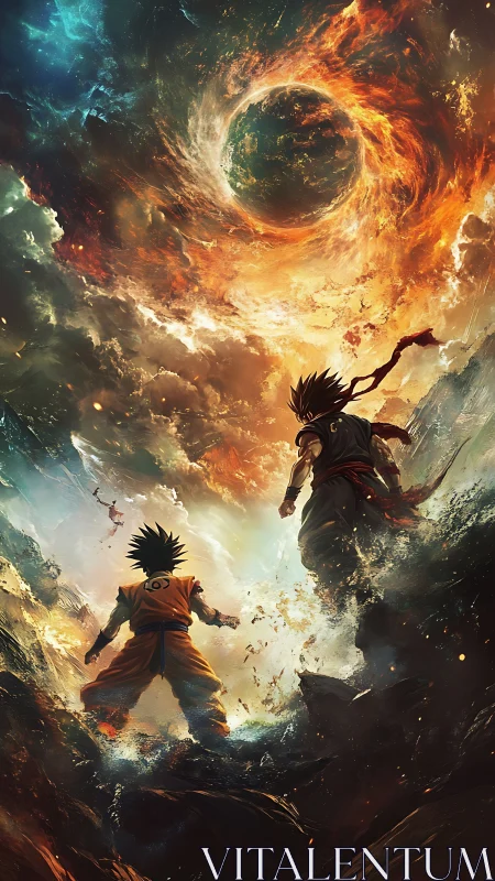Cosmic duel beneath a burning sky of swirling worlds.