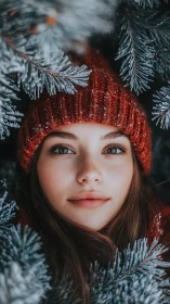 Winter branches cradle a quiet face in ember-red warmth