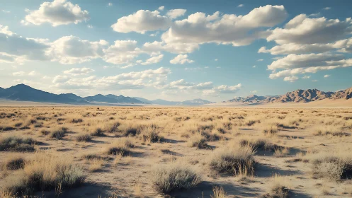 Sunlit desert basin with sparse grass under dynamic clouds.