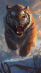 Winter charge of a roaring tiger in glowing sunset light.