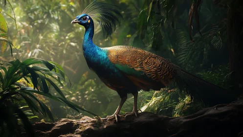 Iridescent peafowl rendered with high dynamic range jungle lighting