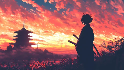 Samurai silhouette studies pagoda skyline under burning sunset