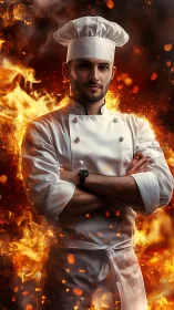 Professional chef in white uniform surrounded by flames.