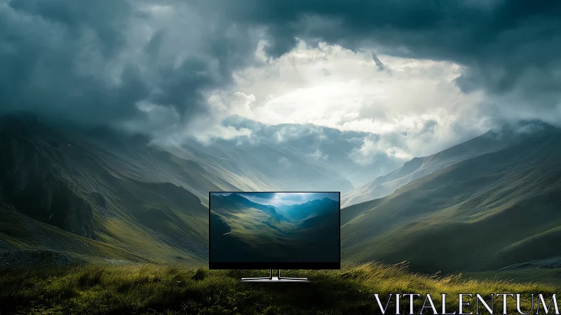 Ultra-thin monitor displays identical mountain valley under storm clouds