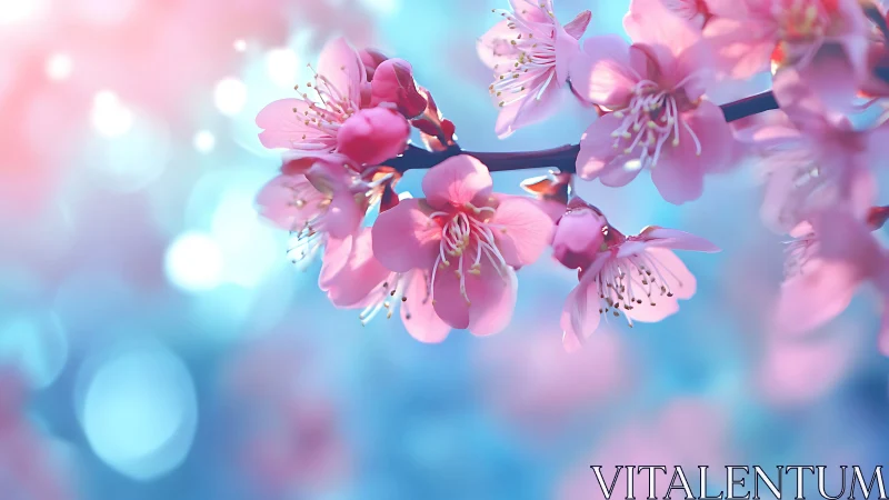 Pink blossoms dance against dreamy azure skies