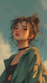 Young woman in green jacket under soft sky lighting.