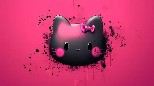 Glossy black cat icon with neon pink graffiti splatter on magenta
