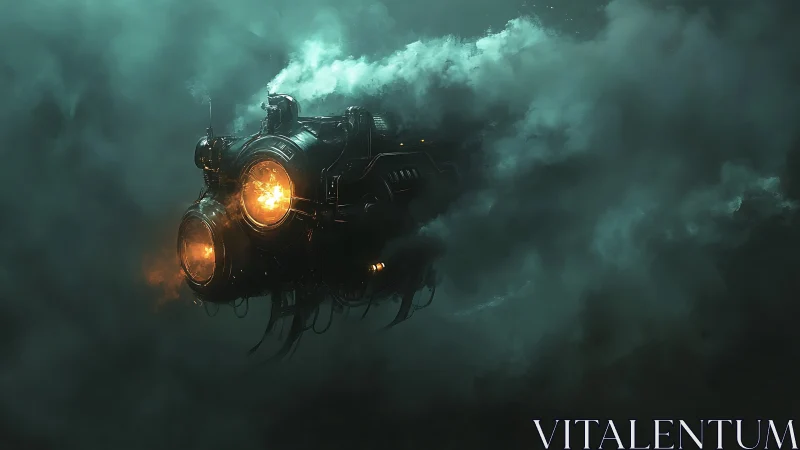Steamfire leviathan submarine prowls through emerald fog.