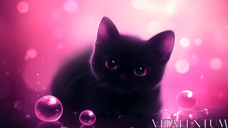 Black Cat with Luminous Eyes Against Neon Pink Bokeh Background