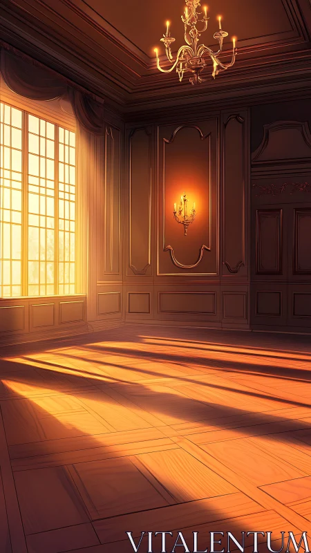 Sunlit classical interior shows elongated window shadows