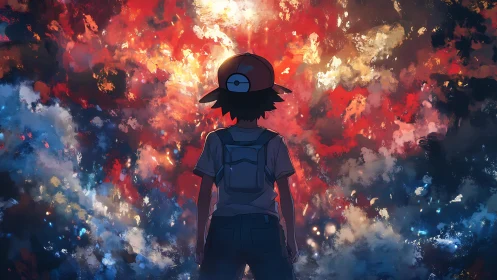 Young trainer stands beneath a blazing cosmic sky of wonder