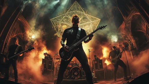 Rock band performs on fog filled stage under illuminated star