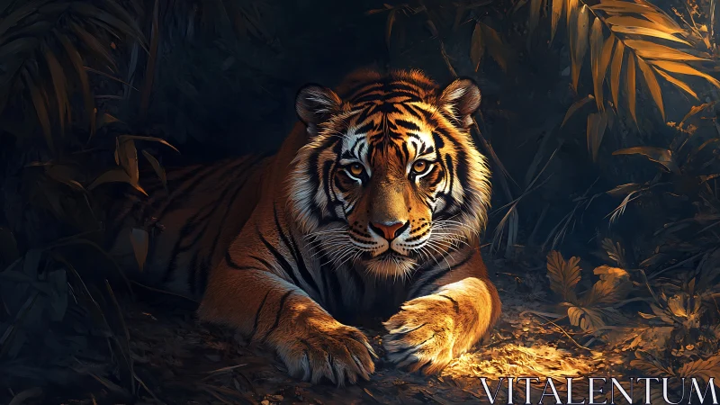 Gentle jungle tiger resting under warm golden light.