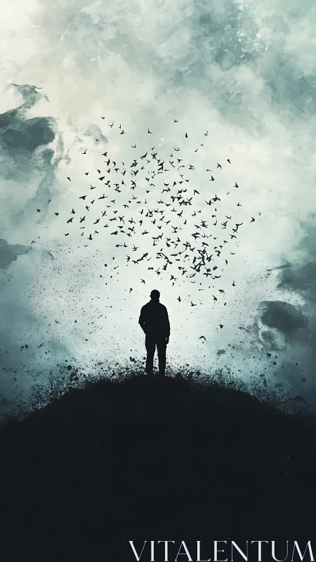 Silhouette atop ridge beneath turbulent avian vortex sky.