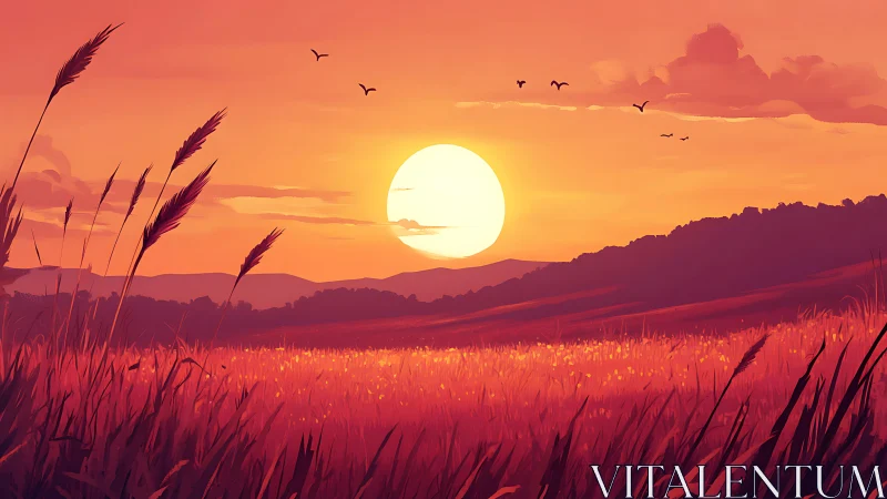 Sunset wheatfield drenched in molten amber hush.