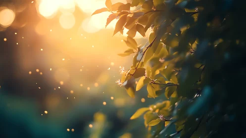 Sunlit Leaves and Floating Particles in Soft Golden Bokeh Style.