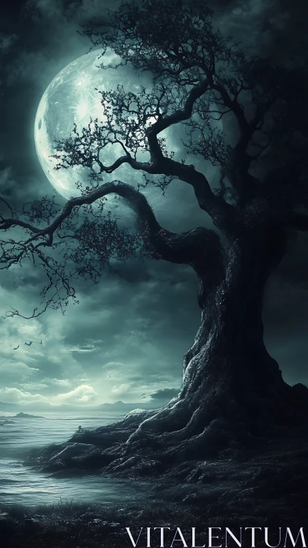 Littoral night tree silhouette against oversized spectral moon.