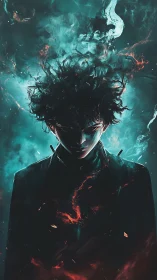 Silhouetted figure in teal smoke with red ember accents.