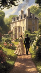 Romantic couple strolls toward a grand manor at golden hour.
