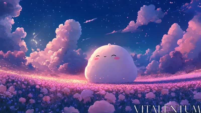 Soft blob creature rests in luminous twilight flower meadow
