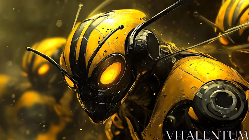 Cybernetic hornet swarm in molten-gold atmospheric haze.