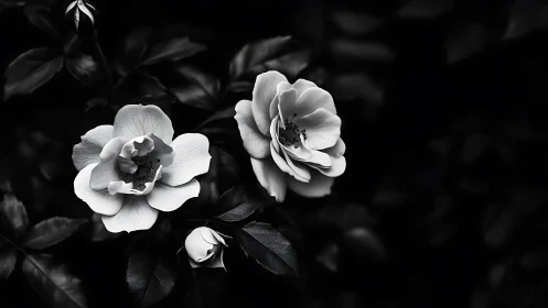 Two white flowers with visible stamens photographed in black and white.