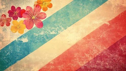 Retro floral diagonals on distressed pastel canvas layout.