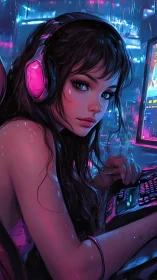 Neon-lit gamer girl immersed in a dreamy digital night.