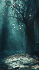 Volumetric-lit courtyard tree with drifting foliage and wet cobblestones