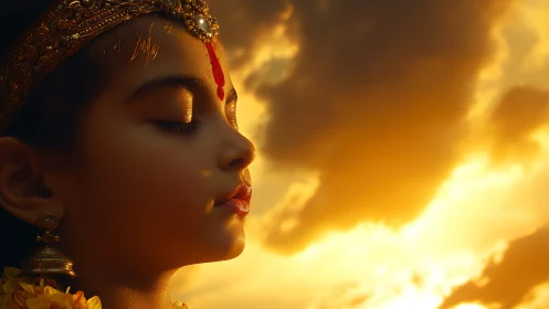 Sunlit child in serene ritual grace against golden sky.