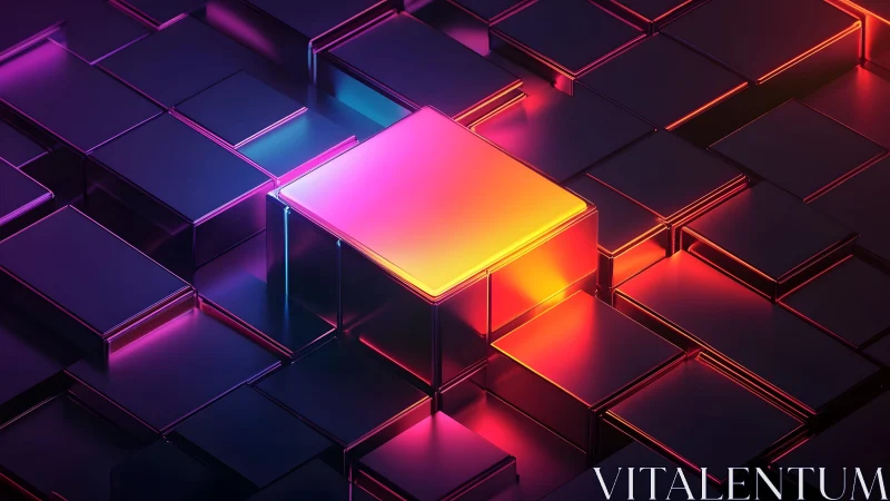 Glowing Neon Cube Among Metallic Blocks in Futuristic 3D Style.