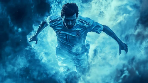 Dynamic footballer sprints through luminous cyan vapor field